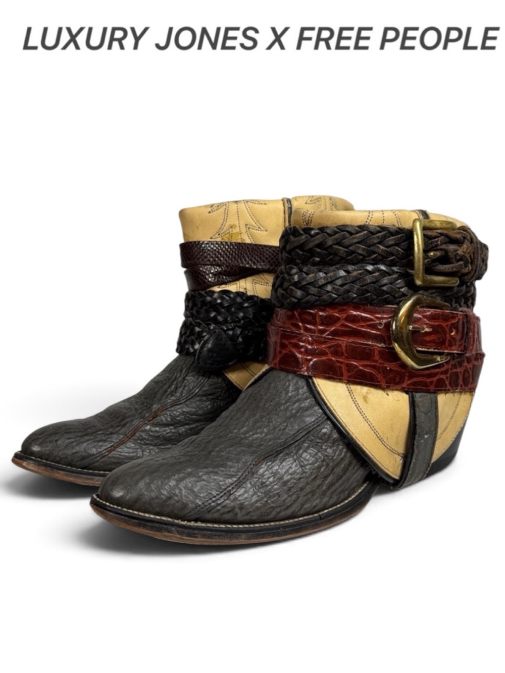 RARE LUXURY JONES X FREE PEOPLE OOAK BELTED LEATHER WESTERN ANKLE BOOTS